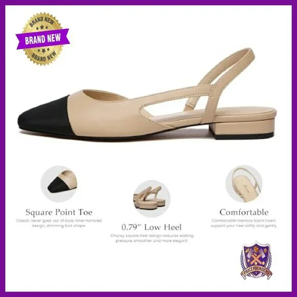 Women's Slingback Flats Square Toe Leather Wedding Pumps Low Heel - Picture 3 of 8